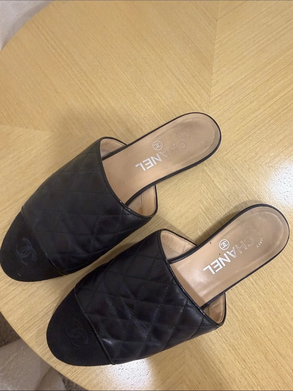CHANEL Black Quilted Leather Slide Mules